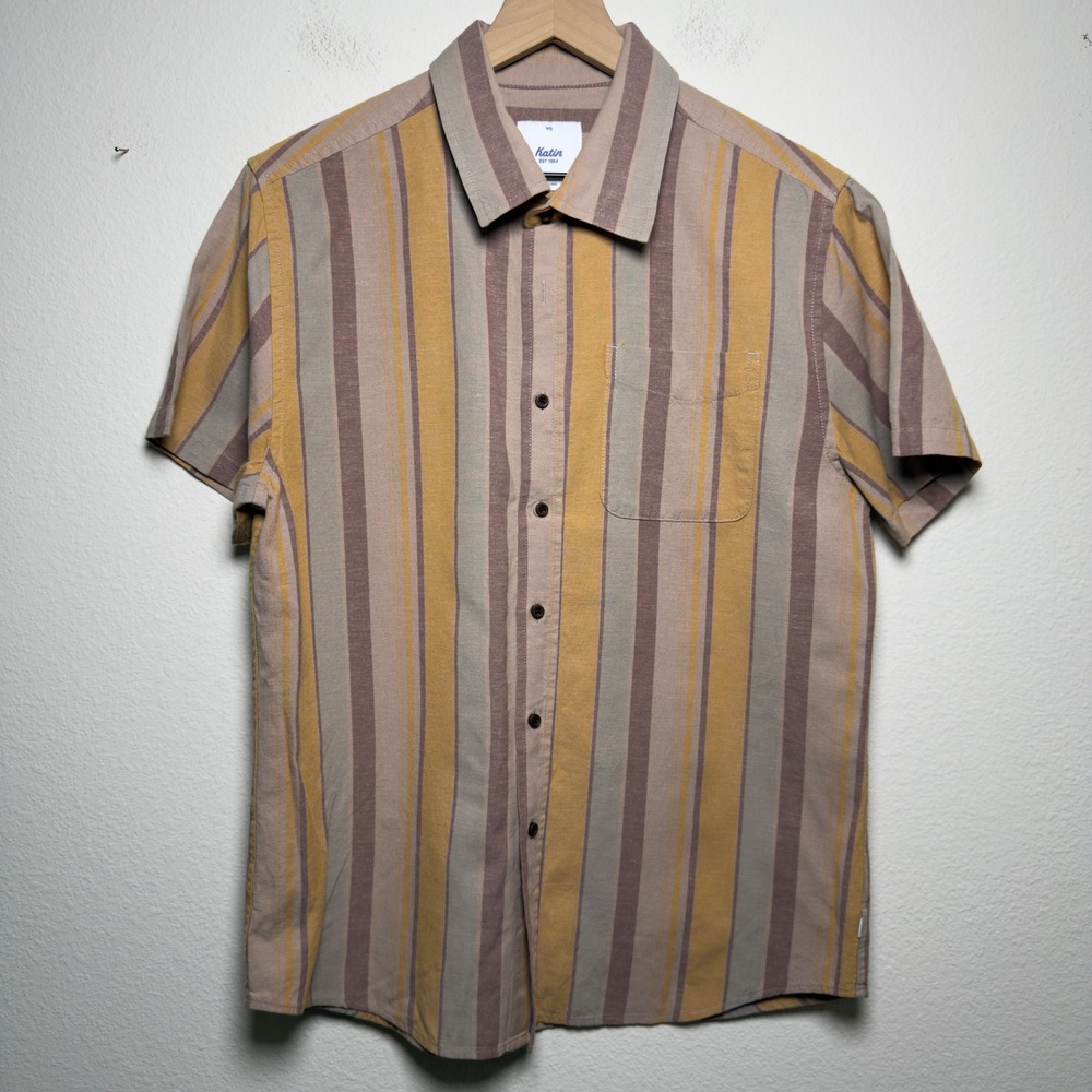 Katin Men Cedar Cotton Linen Shirt Medium Brown‎ Striped Short Sleeve Button Up